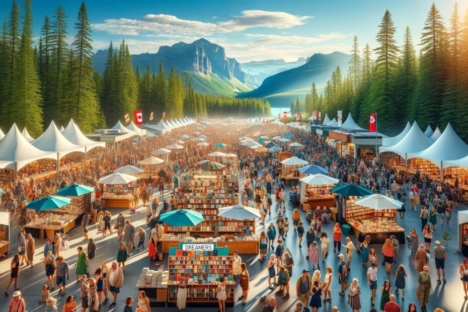 Picture of an outdoor book fair set beneath mountains and fir trees, representing Canadian book festivals, 2024 literary events in Canada, Canadian authors and poets, and cultural festivals in Canada 2024.