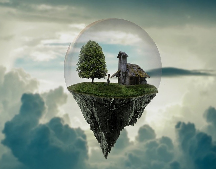 A floating house in a bubble representing setting in storytelling. 