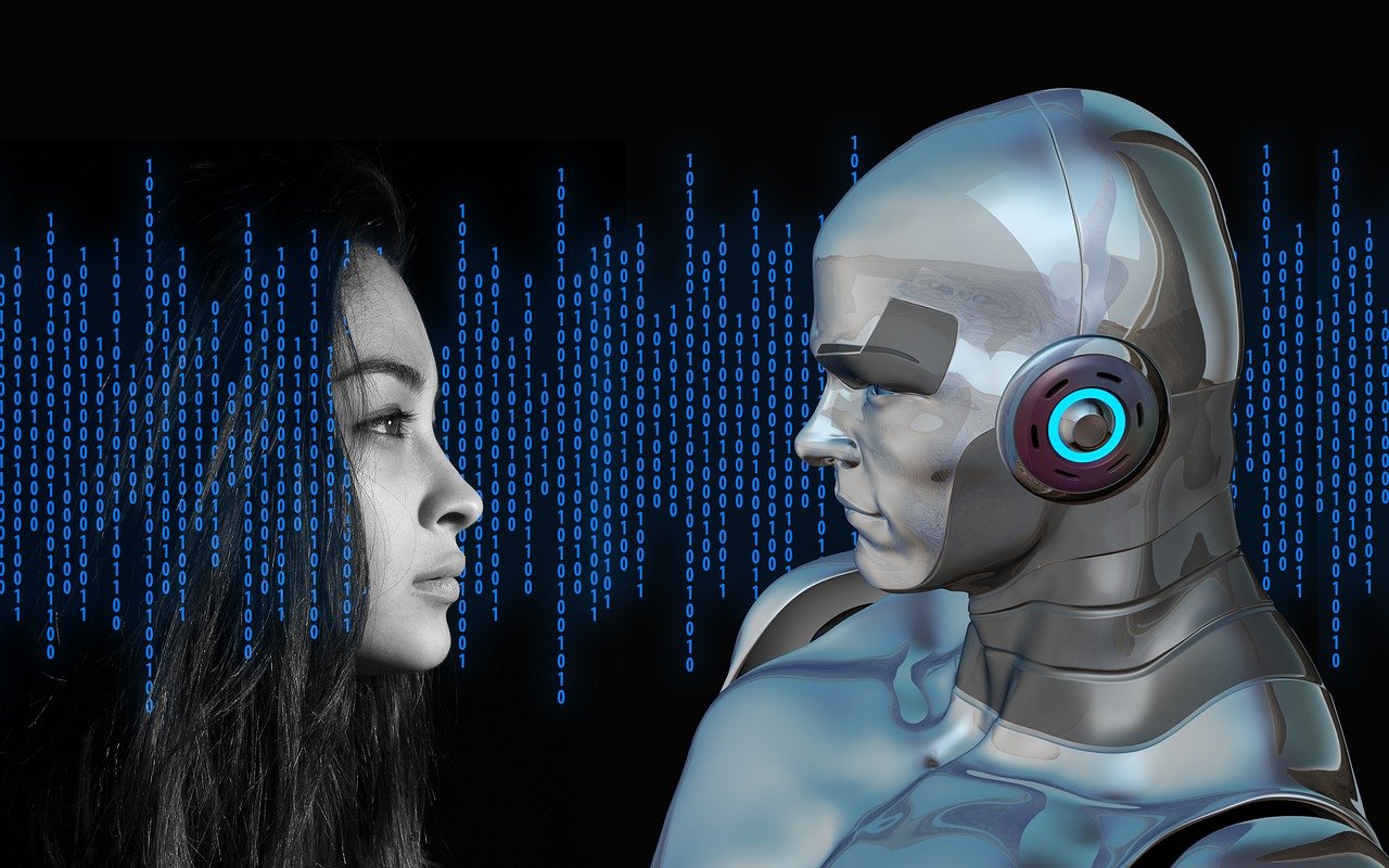 A woman and a robot staring at each other, representing AI Content Detectors.