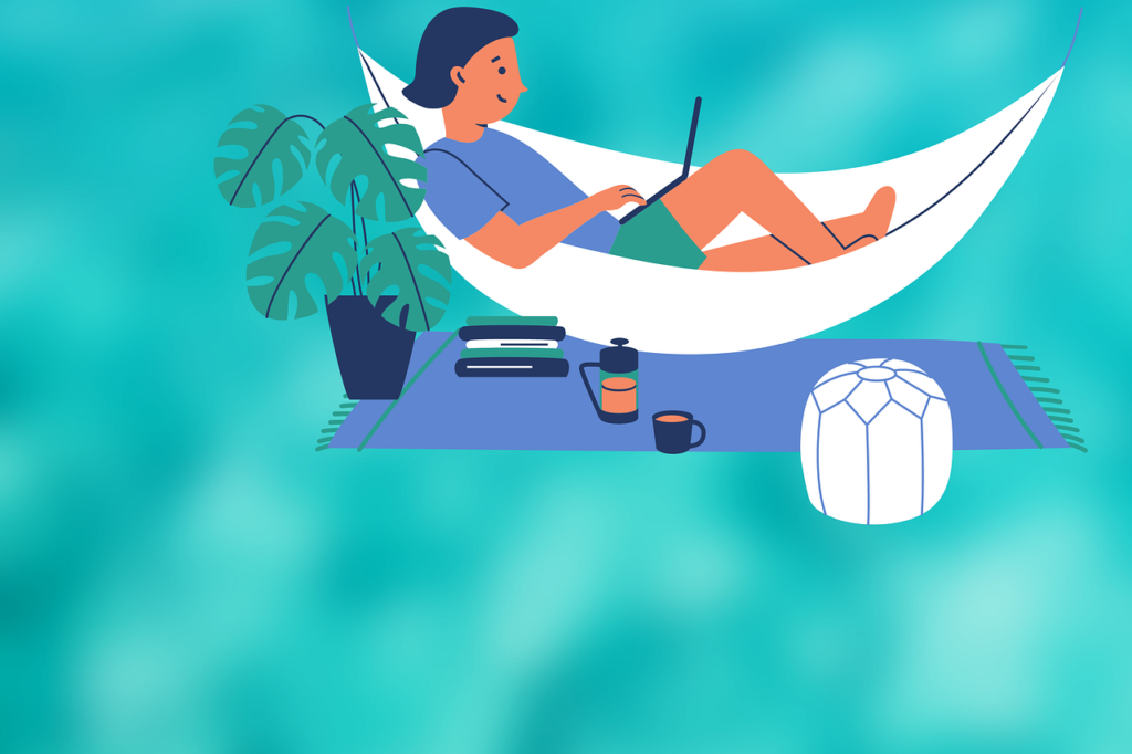 A man on a hammock with a laptop looking happy representing remote work for writers, remote jobs for writers. 