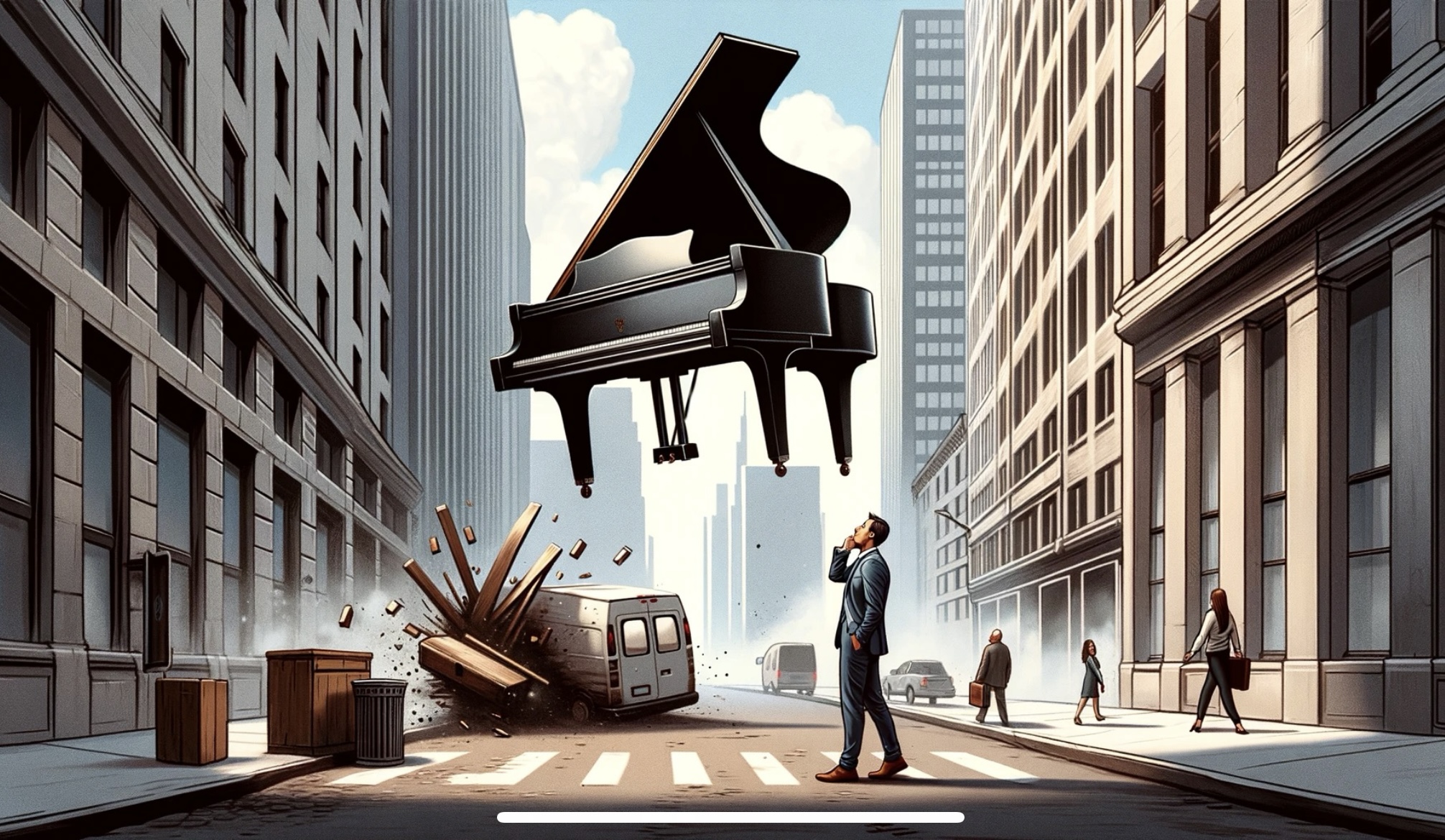 A piano falling on an unsuspecting man, repeating irony. 