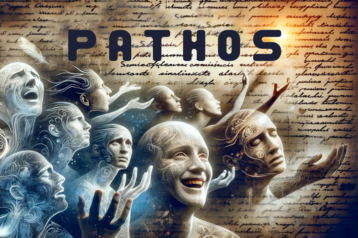Men and women streaming through the air with a background of script writing, representing the concept of pathos. 