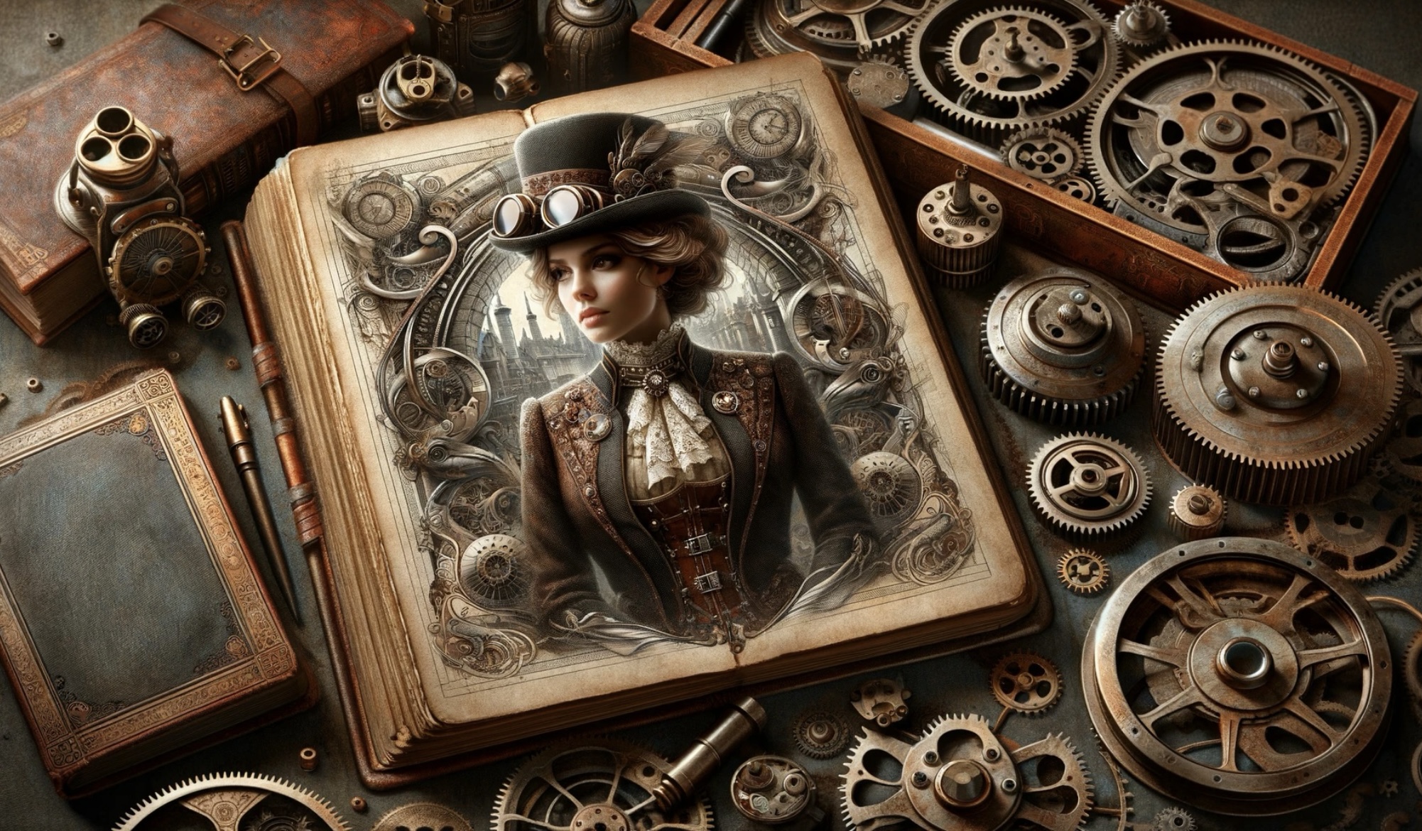 A picture of a steampunk woman in an open book representing what is steampunk genre. 
